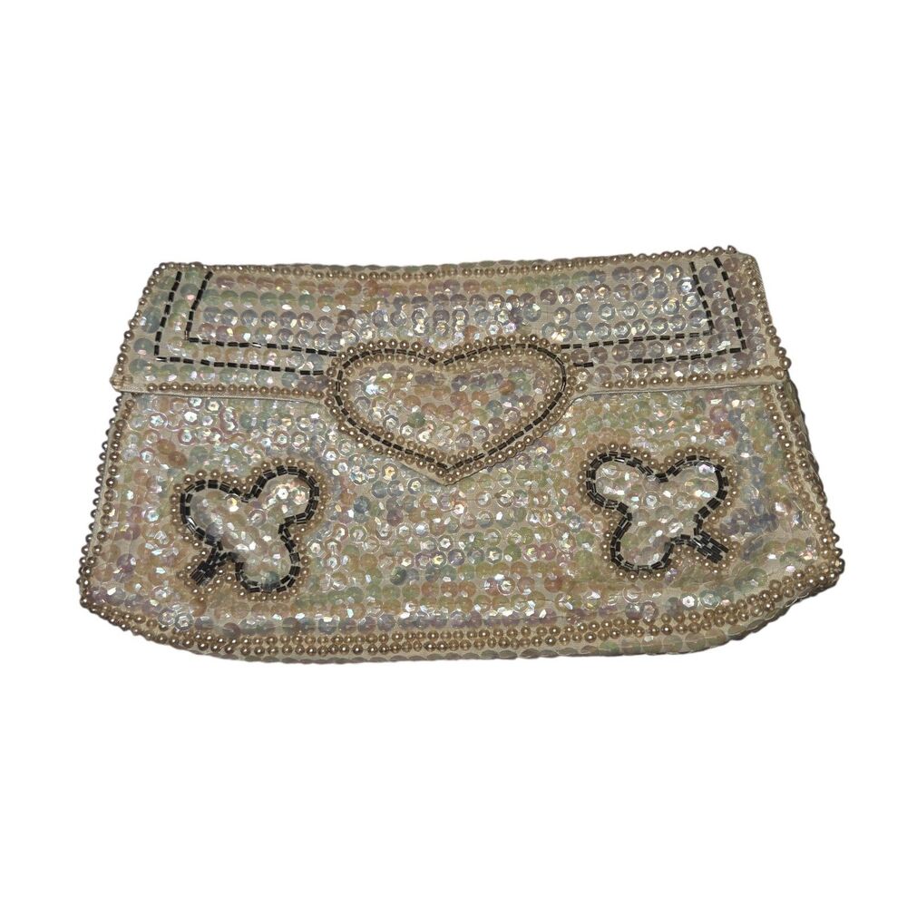 John Wind Imports Vintage Iridescent Sequin Pearl Beaded Heart Clutch Purse...